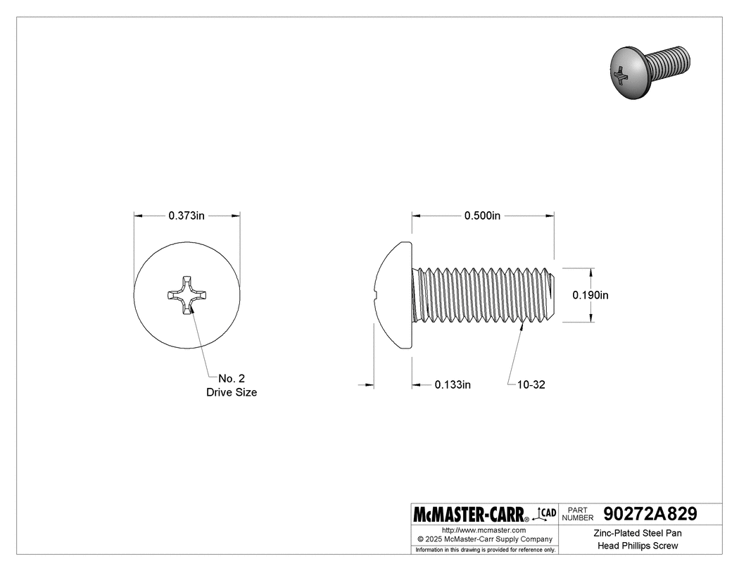 Technical Drawing of Zinc-Plated Steel Pan Head Phillips Screw, 10-32 Thread, 1/2" Long.